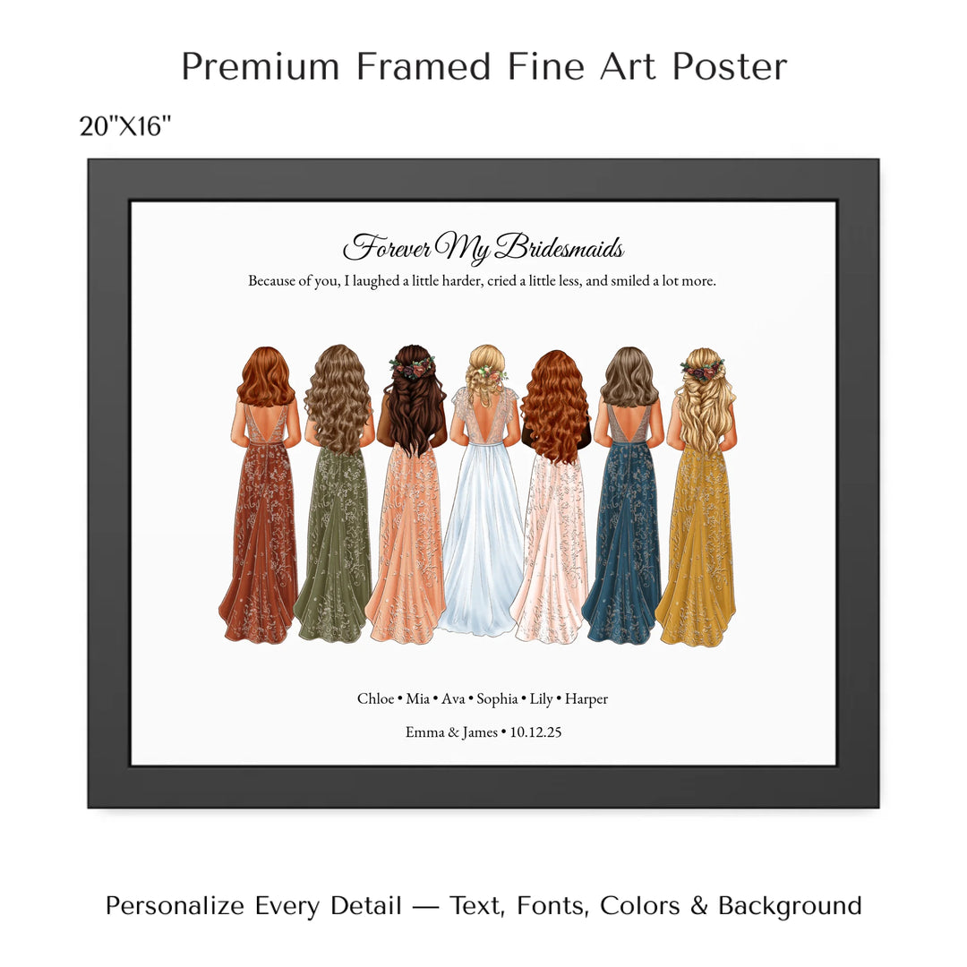 Custom bridesmaid wall art featuring bride with 6 bridesmaids in elegant dresses – personalized names and wedding date included -20x16 framed poster-ARTFULANE