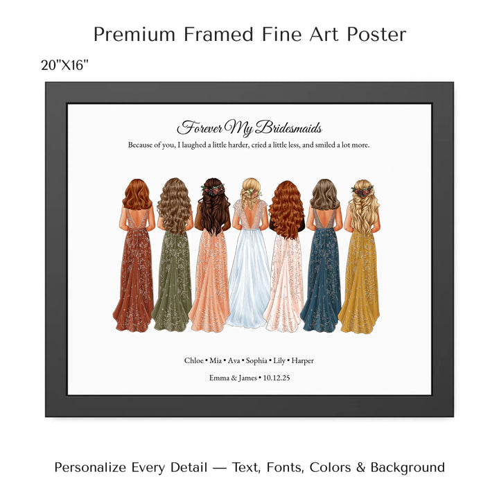 Custom bridesmaid wall art featuring bride with 6 bridesmaids in elegant dresses – personalized names and wedding date included -20x16 framed poster-ARTFULANE