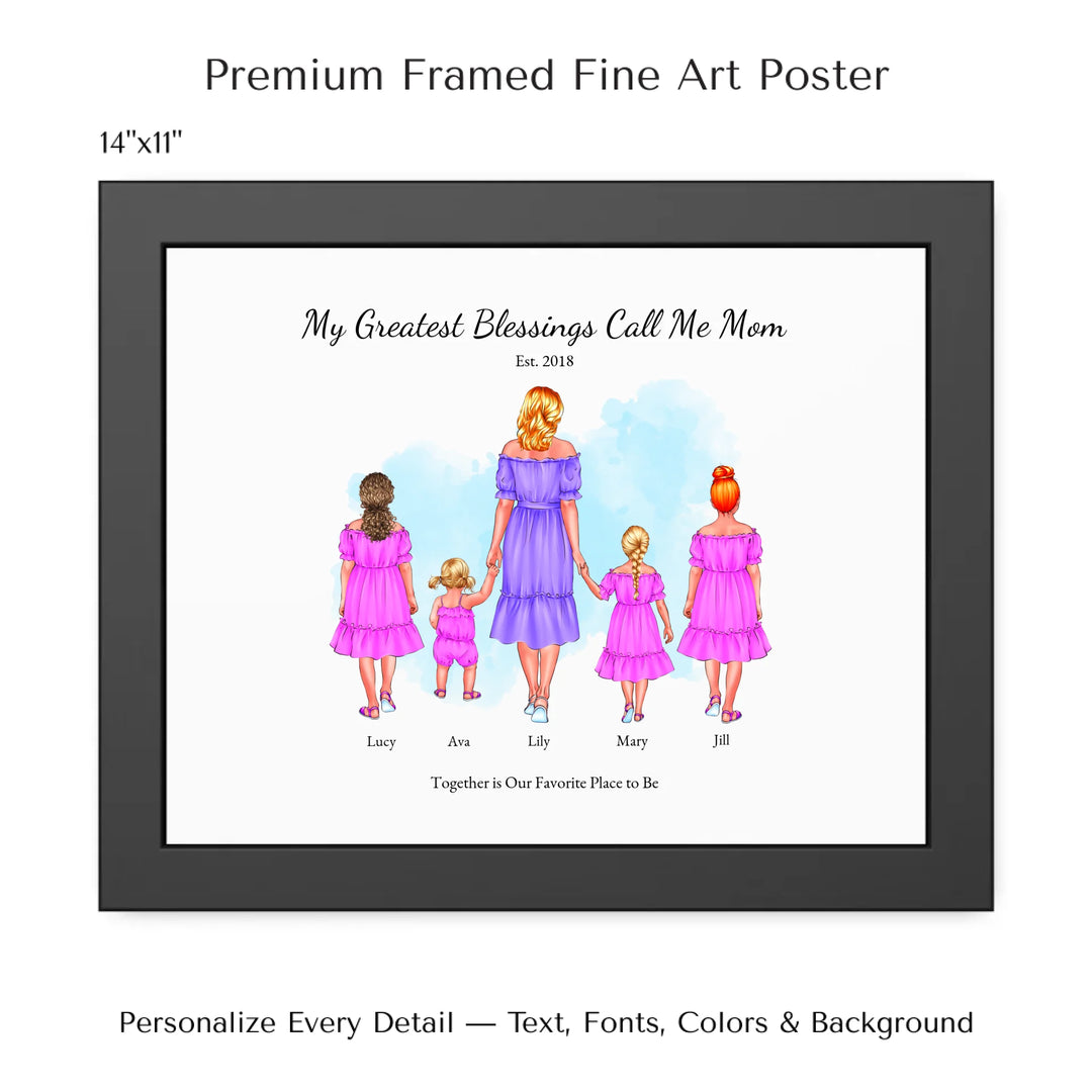 Illustrated custom portrait of mom with 1 to 4 daughters, personalized skin tones and outfits, watercolor background -14x11 framed poster-ARTFULANE