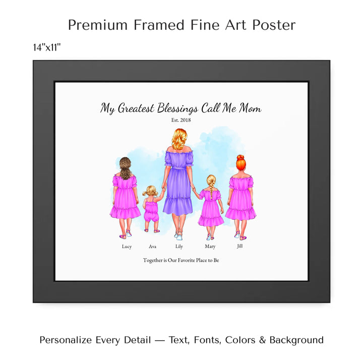 Illustrated custom portrait of mom with 1 to 4 daughters, personalized skin tones and outfits, watercolor background -14x11 framed poster-ARTFULANE