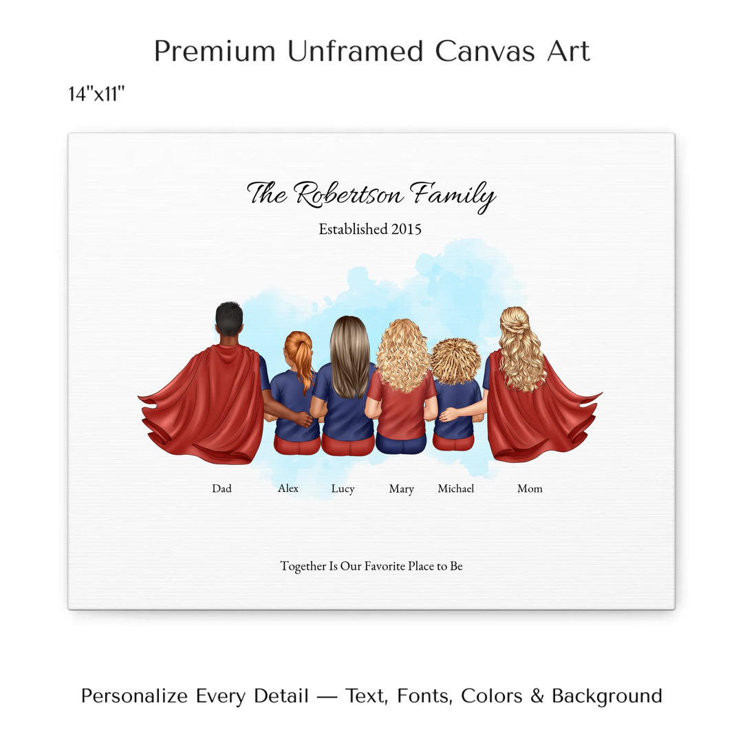 Illustrated superhero family portrait with 1 to 4 children, personalized outfits, skin tones, and watercolor background – custom wall art gift -14x11 stretched canvas-ARTFULANE
