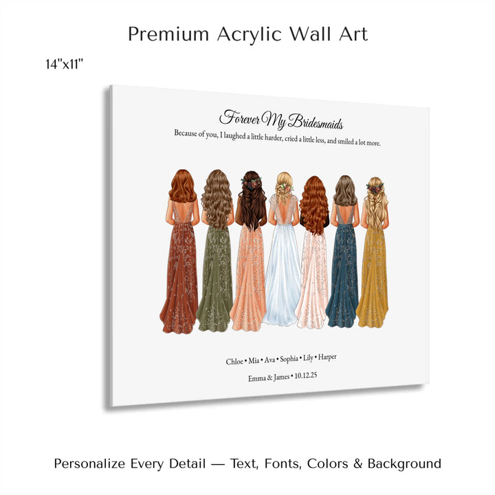 Custom bridesmaid wall art featuring bride with 6 bridesmaids in elegant dresses – personalized names and wedding date included -14x11 acrylic print with french cleat-ARTFULANE