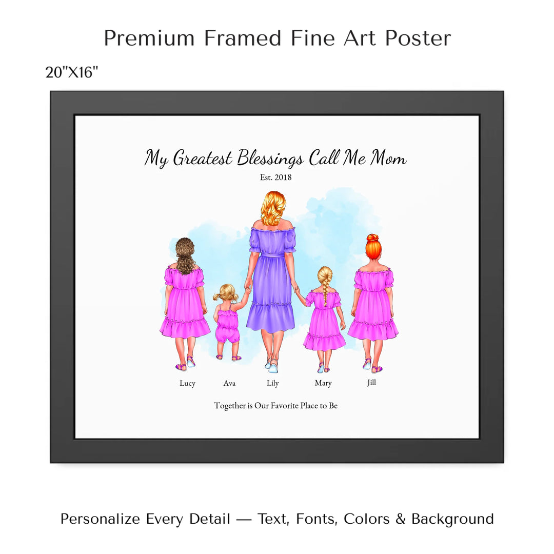 Illustrated custom portrait of mom with 1 to 4 daughters, personalized skin tones and outfits, watercolor background -20x16 framed poster-ARTFULANE