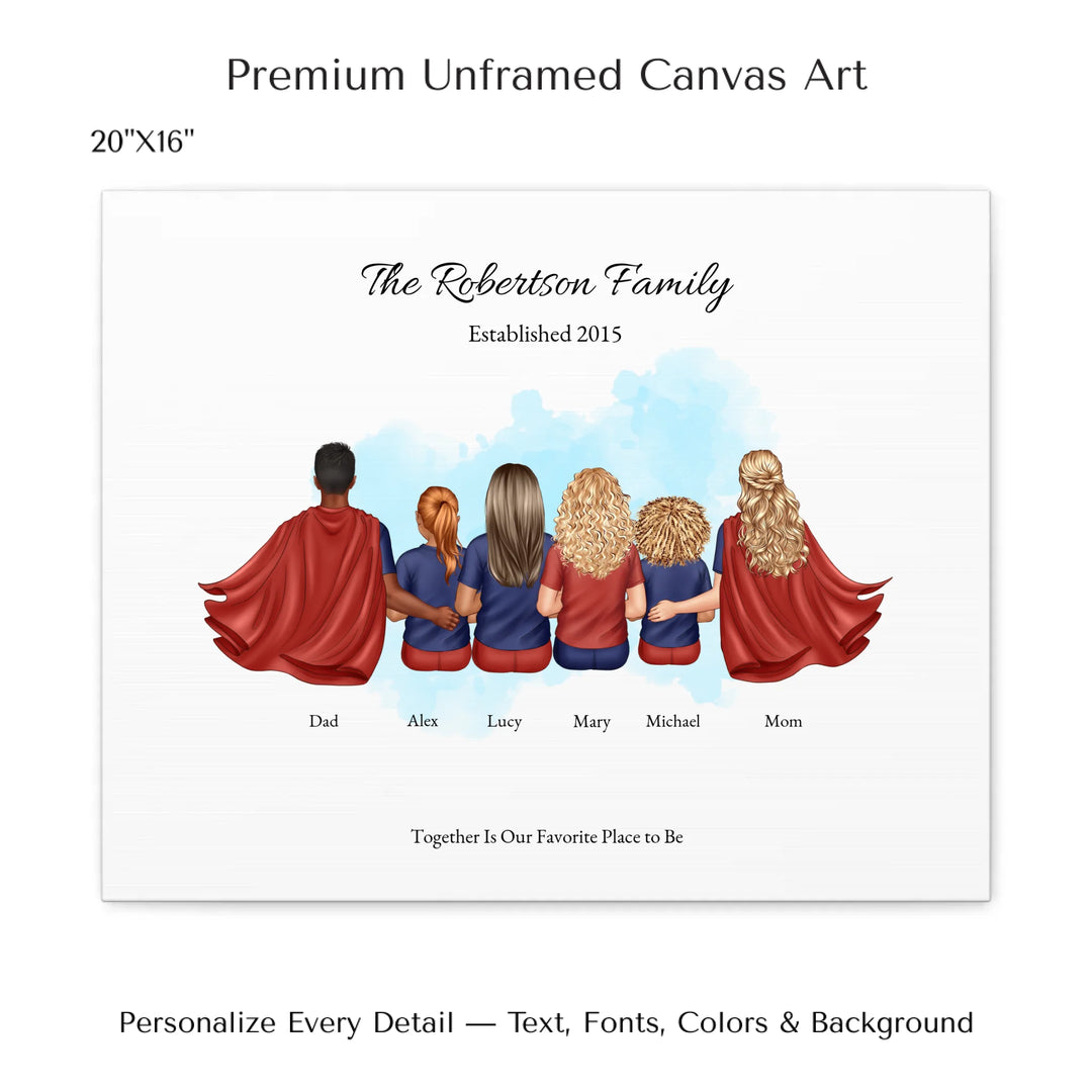 Illustrated superhero family portrait with 1 to 4 children, personalized outfits, skin tones, and watercolor background – custom wall art gift -20x16 stretched canvas-ARTFULANE