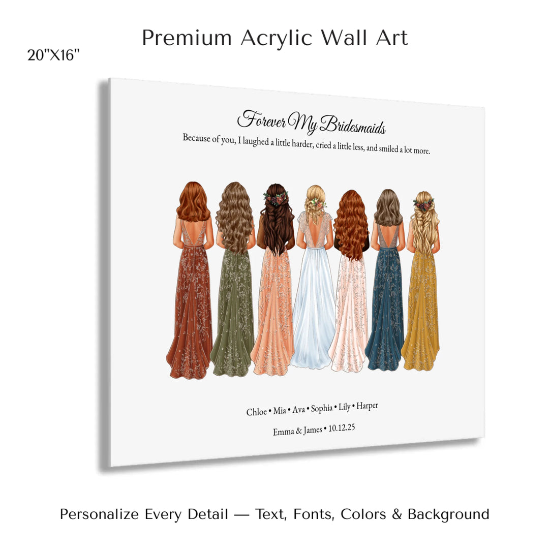 Custom bridesmaid wall art featuring bride with 6 bridesmaids in elegant dresses – personalized names and wedding date included - 20x16 acrylic print with french cleat-ARTFULANE