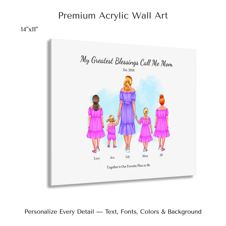 Illustrated custom portrait of mom with 1 to 4 daughters, personalized skin tones and outfits, watercolor background -14x11 acrylic print with french cleat-ARTFULANE