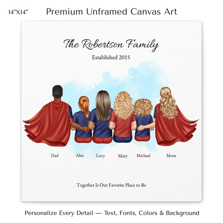 Illustrated superhero family portrait with 1 to 4 children, personalized outfits, skin tones, and watercolor background – custom wall art gift -14x14 stretched canvas-ARTFULANE