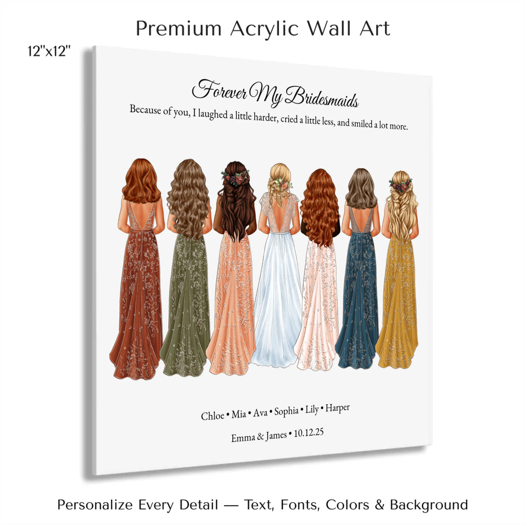 Custom bridesmaid wall art featuring bride with 6 bridesmaids in elegant dresses – personalized names and wedding date included - 12x12 acrylic print with french cleat-ARTFULANE