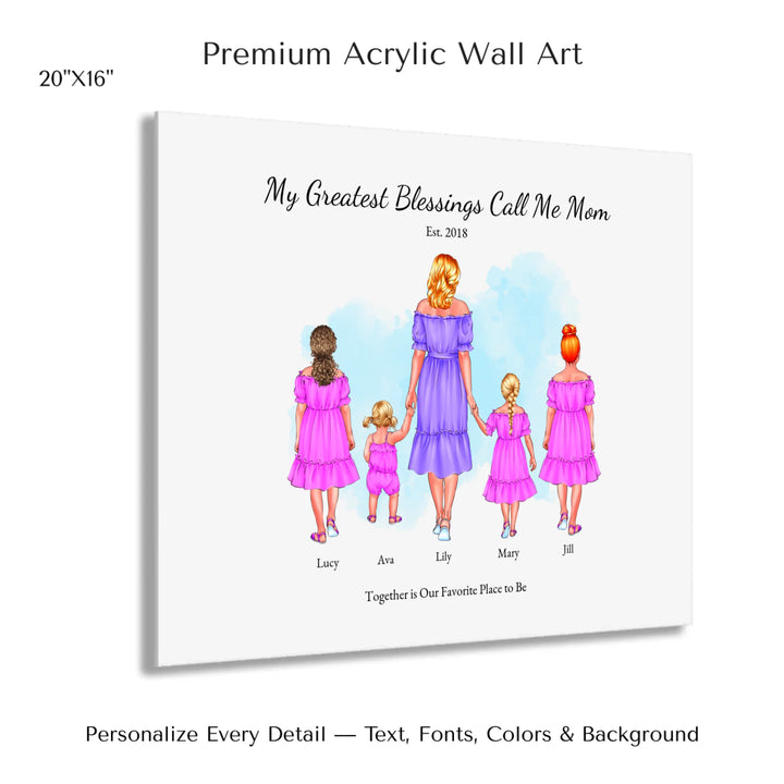 Illustrated custom portrait of mom with 1 to 4 daughters, personalized skin tones and outfits, watercolor background -20x16 acrylic print with french cleat-ARTFULANE