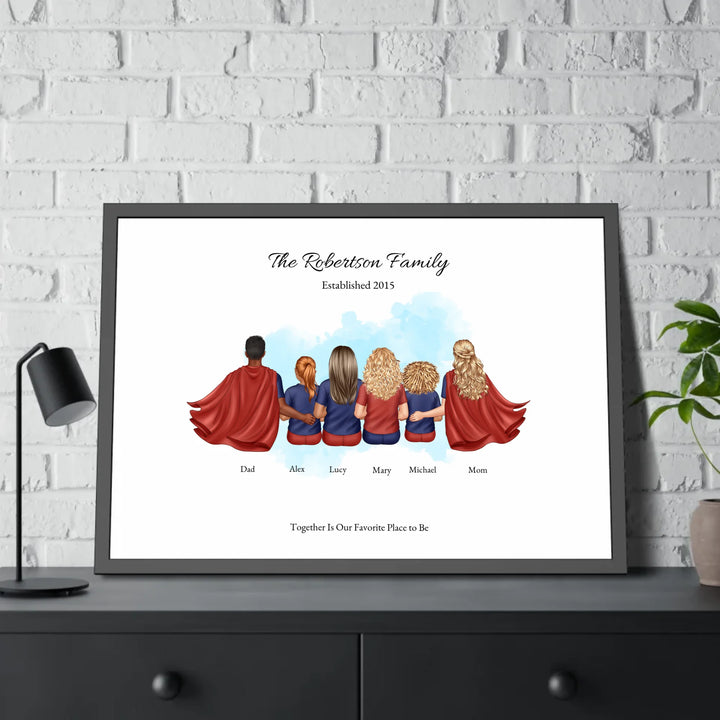 Illustrated superhero family portrait with 1 to 4 children, personalized outfits, skin tones, and watercolor background – custom wall art gift -framed poster on table-ARTFULANE