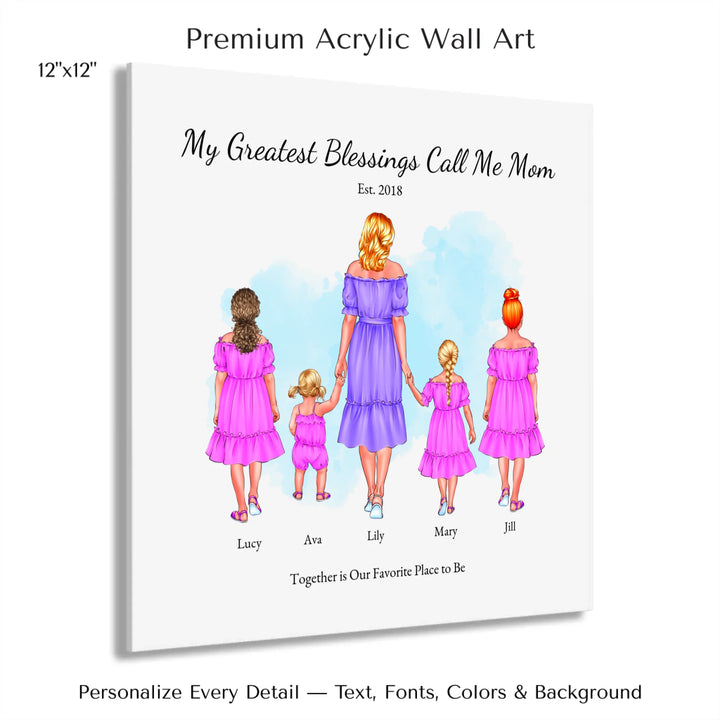 Illustrated custom portrait of mom with 1 to 4 daughters, personalized skin tones and outfits, watercolor background -12x12 acrylic print with french cleat-ARTFULANE