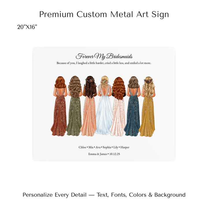 Custom bridesmaid wall art featuring bride with 6 bridesmaids in elegant dresses – personalized names and wedding date included -20x16 metal art sign-ARTFULANE