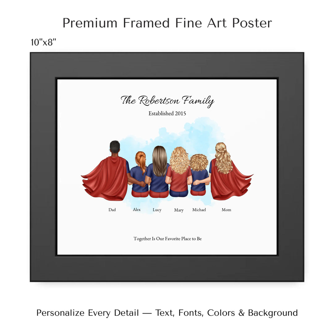 Illustrated superhero family portrait with 1 to 4 children, personalized outfits, skin tones, and watercolor background – custom wall art gift -10x8 framed poster-ARTFULANE
