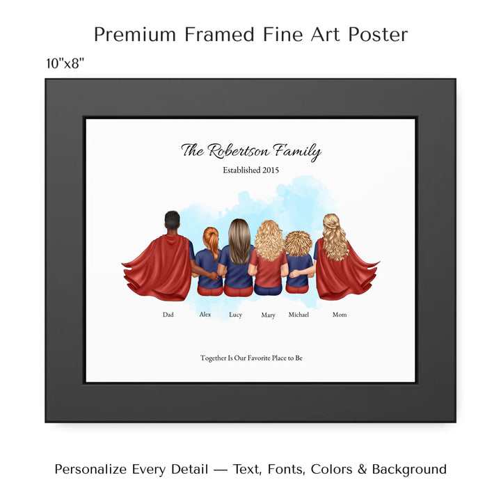 Illustrated superhero family portrait with 1 to 4 children, personalized outfits, skin tones, and watercolor background – custom wall art gift -10x8 framed poster-ARTFULANE