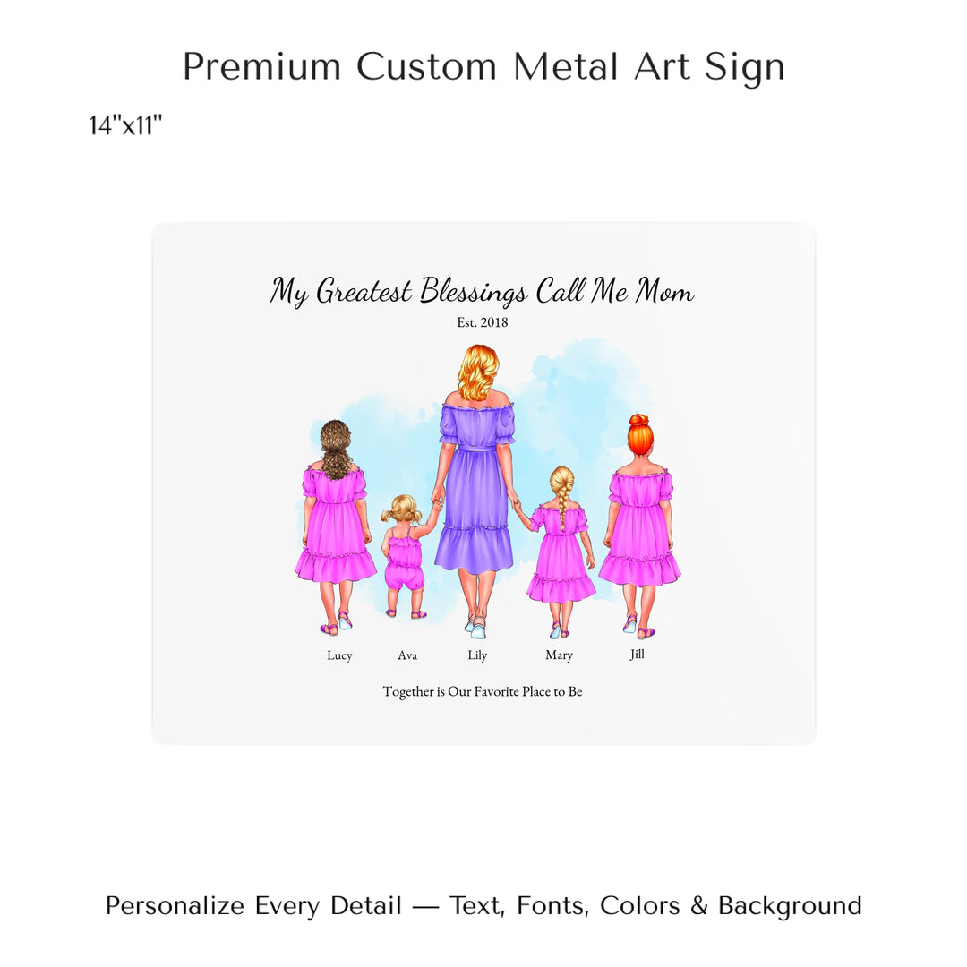 Illustrated custom portrait of mom with 1 to 4 daughters, personalized skin tones and outfits, watercolor background -14x11 metal art sign-ARTFULANE