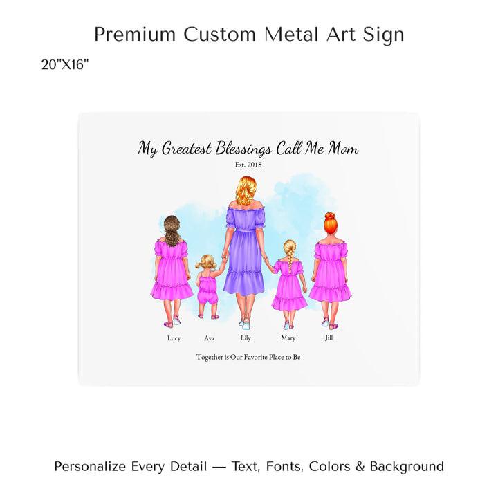 Illustrated custom portrait of mom with 1 to 4 daughters, personalized skin tones and outfits, watercolor background -20x16 metal art sign-ARTFULANE