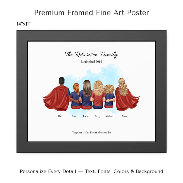 Illustrated superhero family portrait with 1 to 4 children, personalized outfits, skin tones, and watercolor background – custom wall art gift -14x11 framed poster-ARTFULANE