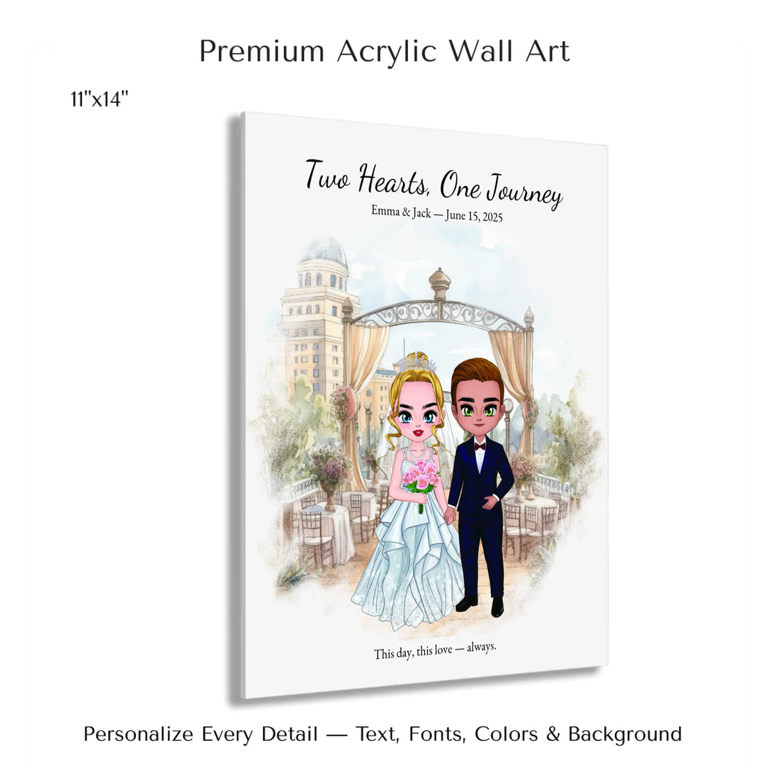 Illustrated custom wedding portrait featuring a bride and groom with personalized outfits, skin tone, and background. Custom names and wedding date - 11x14 acrylic print with french cleat-ARTFULANE