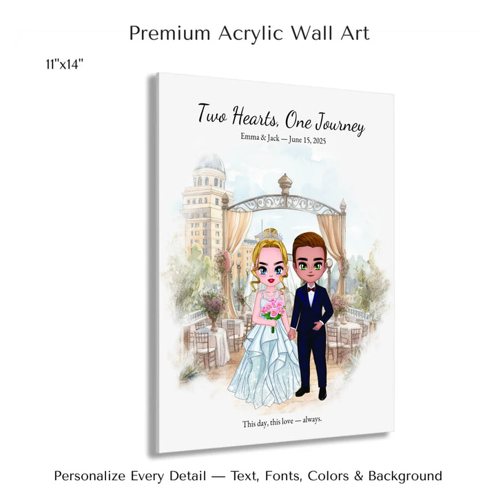 Illustrated custom wedding portrait featuring a bride and groom with personalized outfits, skin tone, and background. Custom names and wedding date - 11x14 acrylic print with french cleat-ARTFULANE