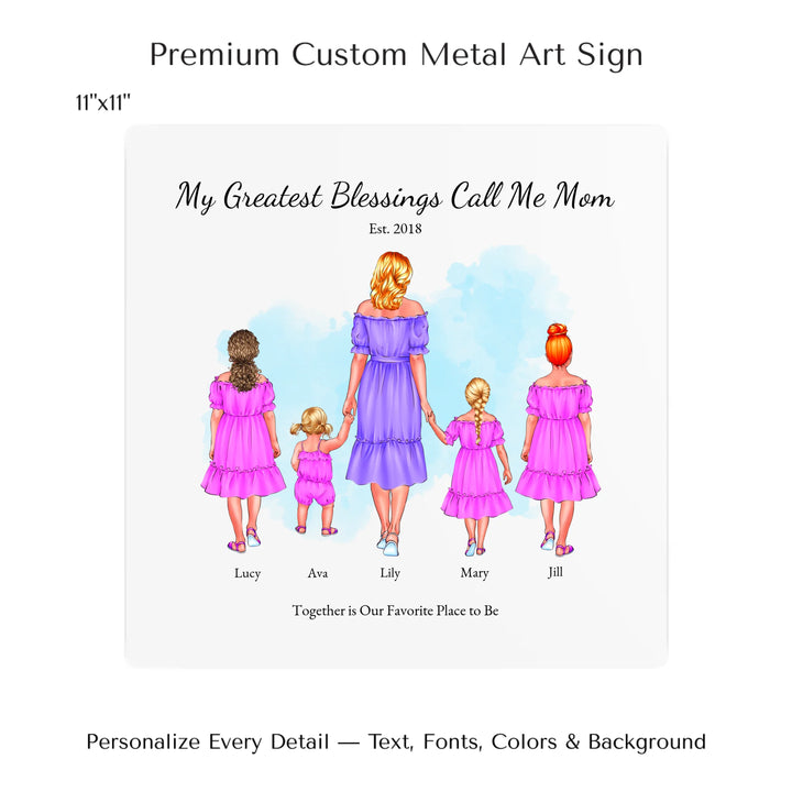 Illustrated custom portrait of mom with 1 to 4 daughters, personalized skin tones and outfits, watercolor background -11x11 metal art sign-ARTFULANE