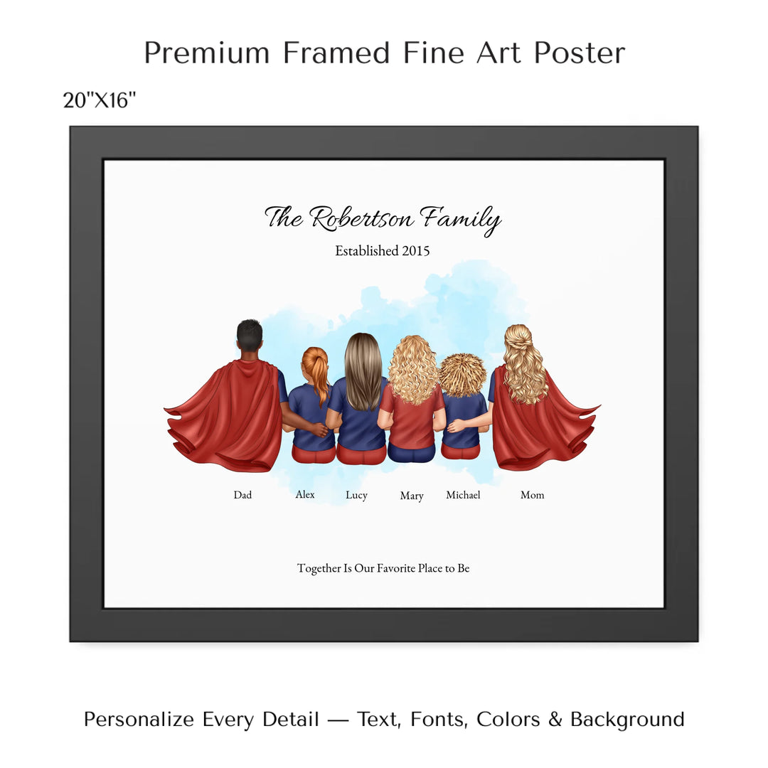 Illustrated superhero family portrait with 1 to 4 children, personalized outfits, skin tones, and watercolor background – custom wall art gift -20x16 framed poster-ARTFULANE
