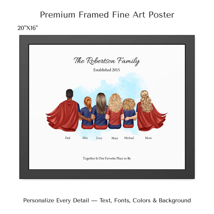 Illustrated superhero family portrait with 1 to 4 children, personalized outfits, skin tones, and watercolor background – custom wall art gift -20x16 framed poster-ARTFULANE