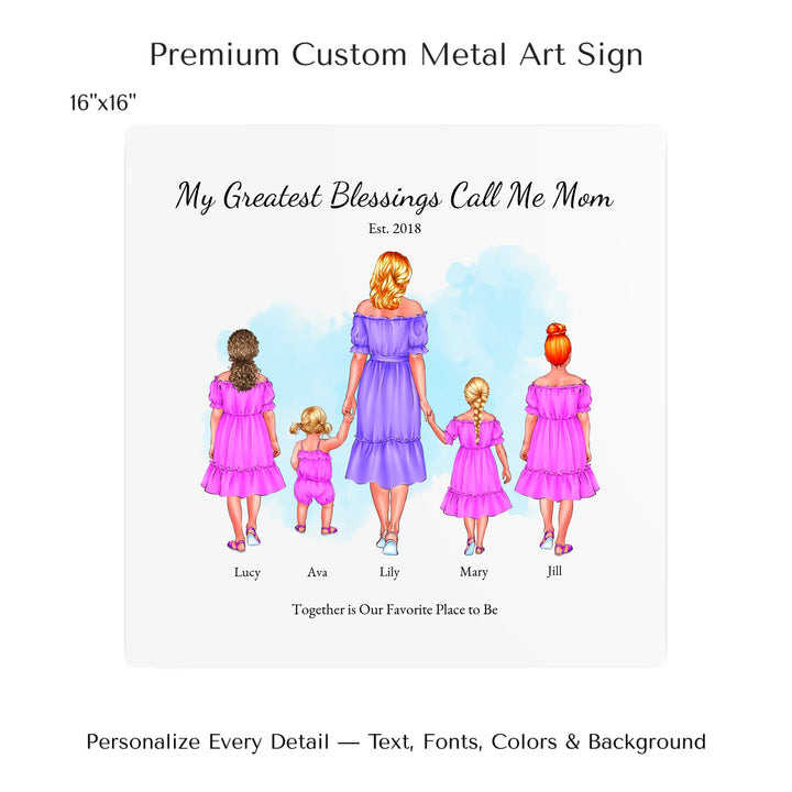 Illustrated custom portrait of mom with 1 to 4 daughters, personalized skin tones and outfits, watercolor background -16x16 metal art sign-ARTFULANE