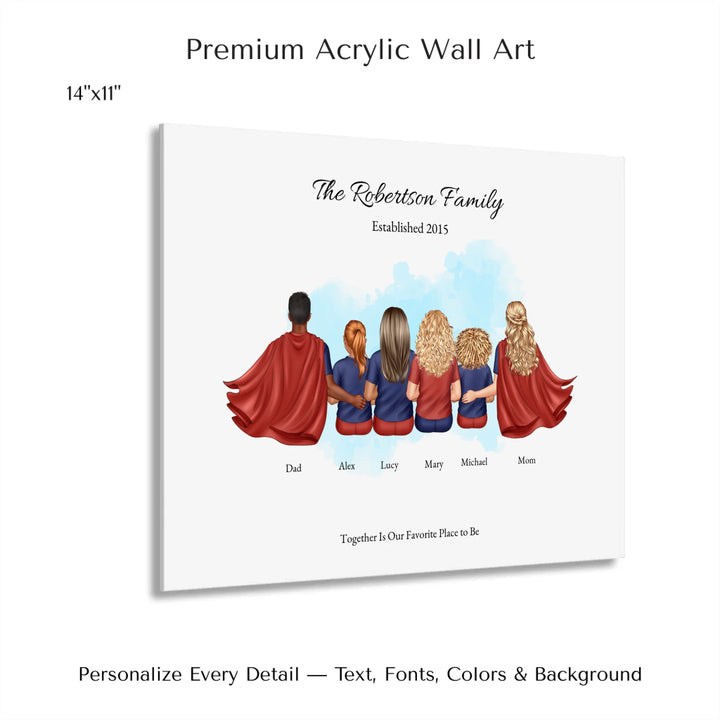 Illustrated superhero family portrait with 1 to 4 children, personalized outfits, skin tones, and watercolor background – custom wall art gift -14x11 acrylic print with french cleat-ARTFULANE