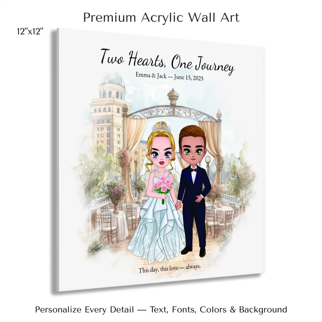 Illustrated custom wedding portrait featuring a bride and groom with personalized outfits, skin tone, and background. Custom names and wedding date - 12x12 acrylic print with french cleat-ARTFULANE
