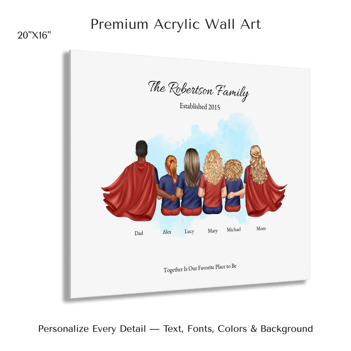 Illustrated superhero family portrait with 1 to 4 children, personalized outfits, skin tones, and watercolor background – custom wall art gift -20x16 acrylic print with french cleat-ARTFULANE