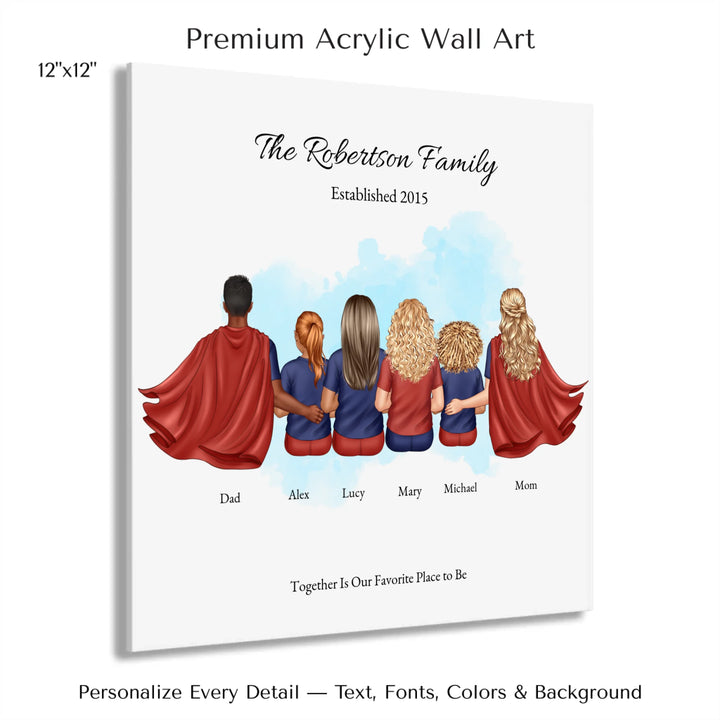 Illustrated superhero family portrait with 1 to 4 children, personalized outfits, skin tones, and watercolor background – custom wall art gift -12x12 acrylic print with french cleat-ARTFULANE