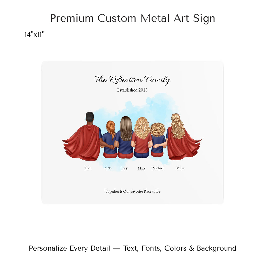 Illustrated superhero family portrait with 1 to 4 children, personalized outfits, skin tones, and watercolor background – custom wall art gift -14x11 metal art sign-ARTFULANE