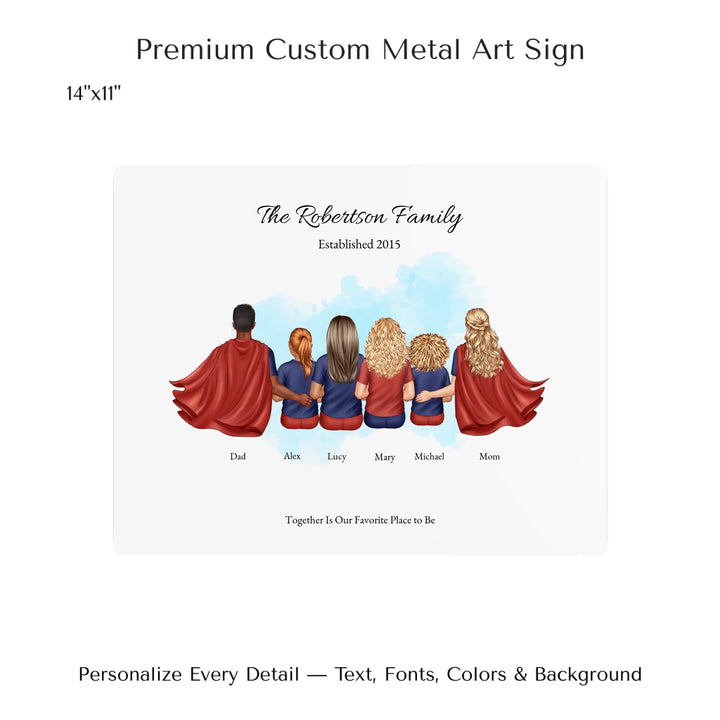 Illustrated superhero family portrait with 1 to 4 children, personalized outfits, skin tones, and watercolor background – custom wall art gift -14x11 metal art sign-ARTFULANE