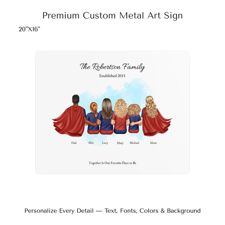 Illustrated superhero family portrait with 1 to 4 children, personalized outfits, skin tones, and watercolor background – custom wall art gift -20x16 metal art sign-ARTFULANE