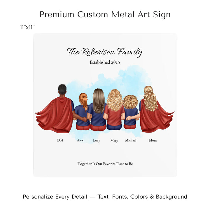 Illustrated superhero family portrait with 1 to 4 children, personalized outfits, skin tones, and watercolor background – custom wall art gift -11x11 metal art sign-ARTFULANE