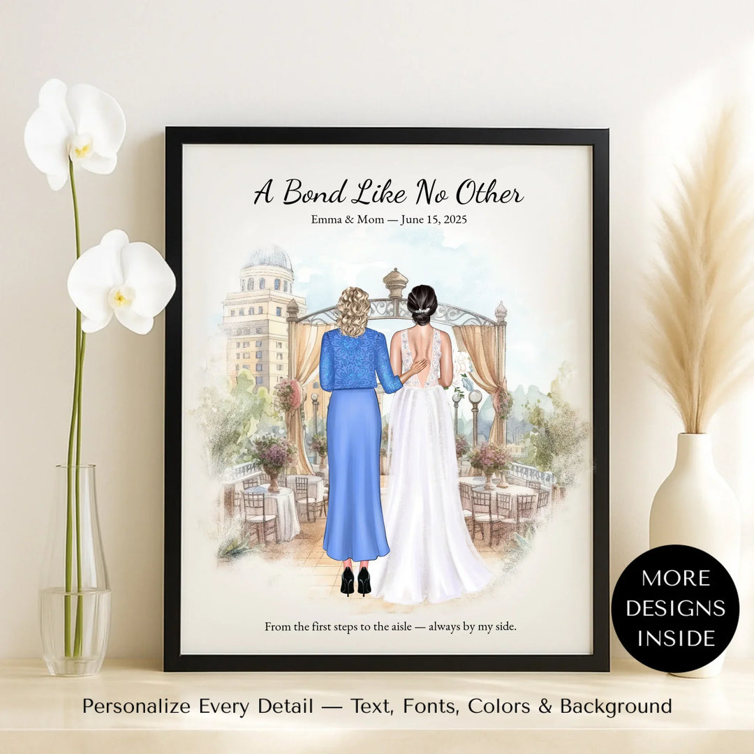 Custom wedding portrait of a bride and her mother standing together, with personalized outfits, hairstyles, and watercolor background - framed canvas on table-ARTFULANE