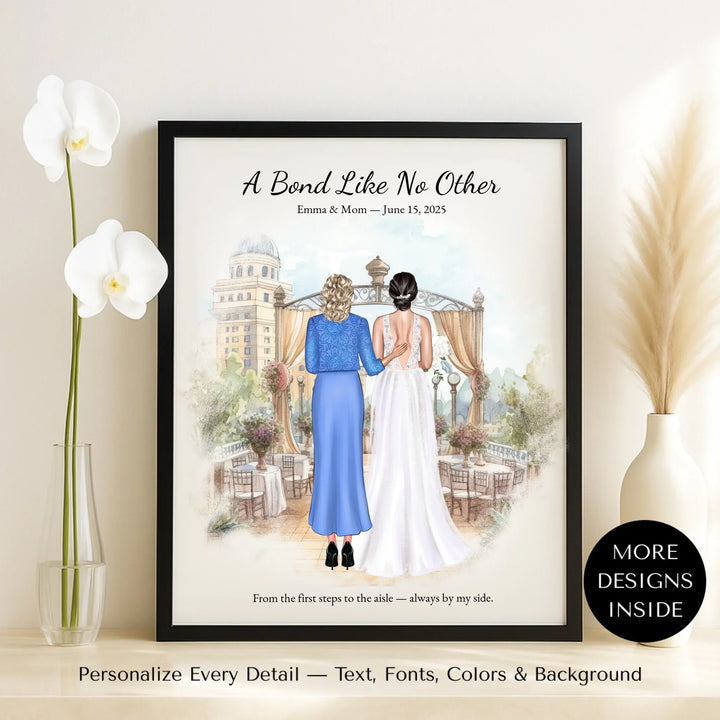 Custom wedding portrait of a bride and her mother standing together, with personalized outfits, hairstyles, and watercolor background - framed canvas on table-ARTFULANE