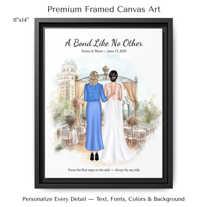 Custom wedding portrait of a bride and her mother standing together, with personalized outfits, hairstyles, and watercolor background - 11x14 framed canvas-ARTFULANE
