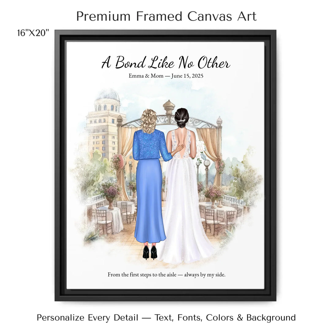 Custom wedding portrait of a bride and her mother standing together, with personalized outfits, hairstyles, and watercolor background - 16x20 framed canvas-ARTFULANE