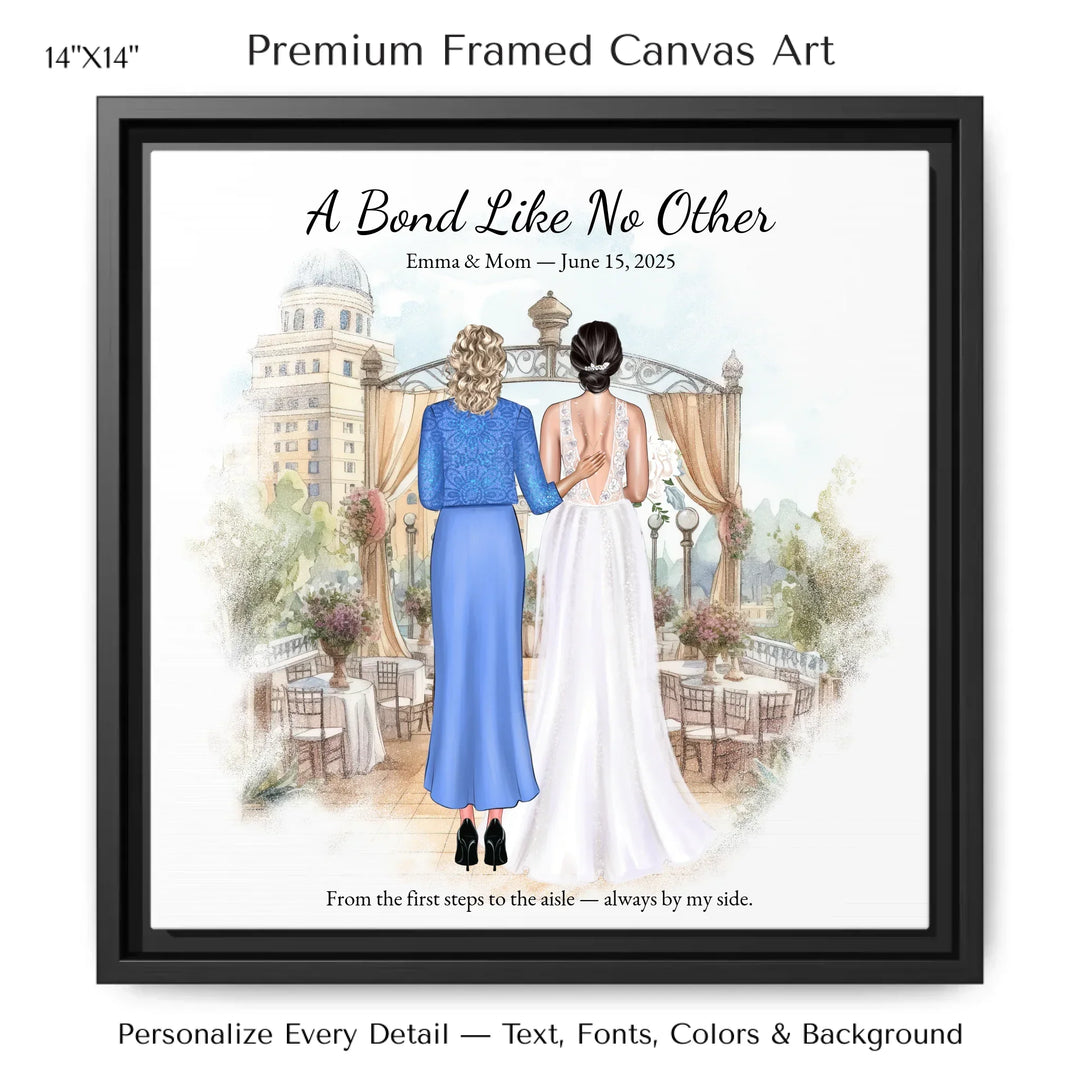 Custom wedding portrait of a bride and her mother standing together, with personalized outfits, hairstyles, and watercolor background - 14x14 framed canvas-ARTFULANE