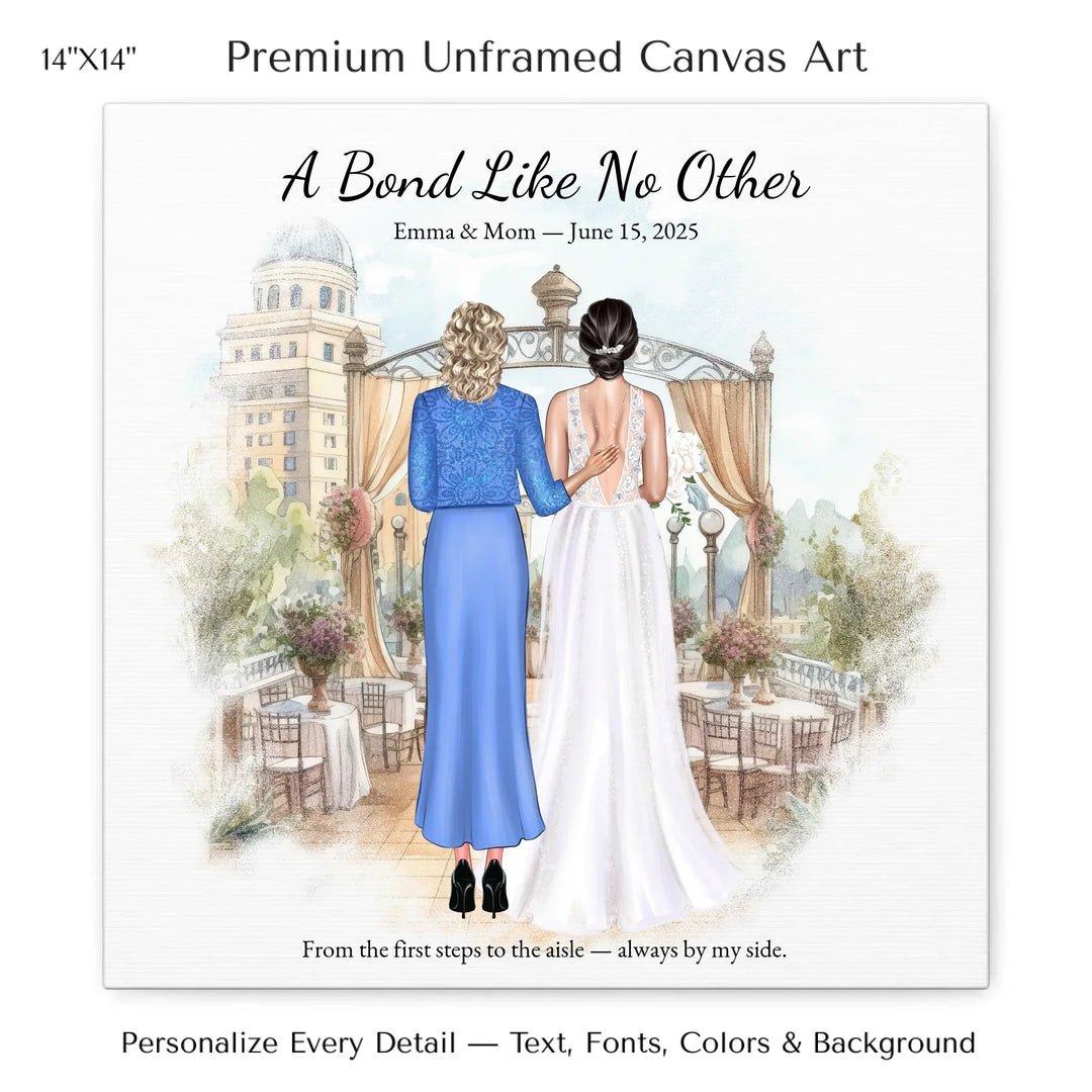 Custom wedding portrait of a bride and her mother standing together, with personalized outfits, hairstyles, and watercolor background - 14x14 stretched canvas-ARTFULANE