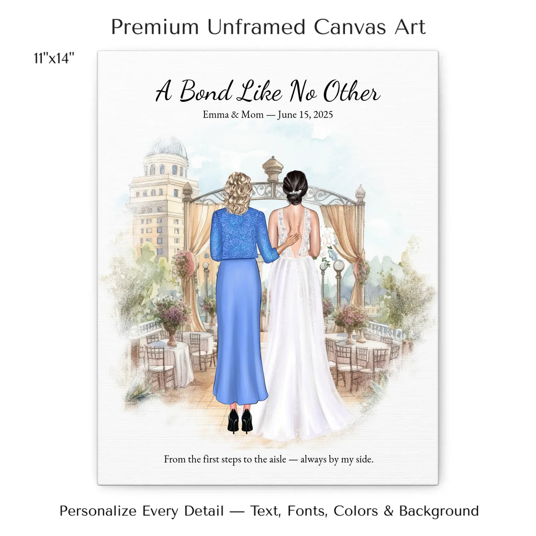 Custom wedding portrait of a bride and her mother standing together, with personalized outfits, hairstyles, and watercolor background - 11x14 stretched canvas-ARTFULANE