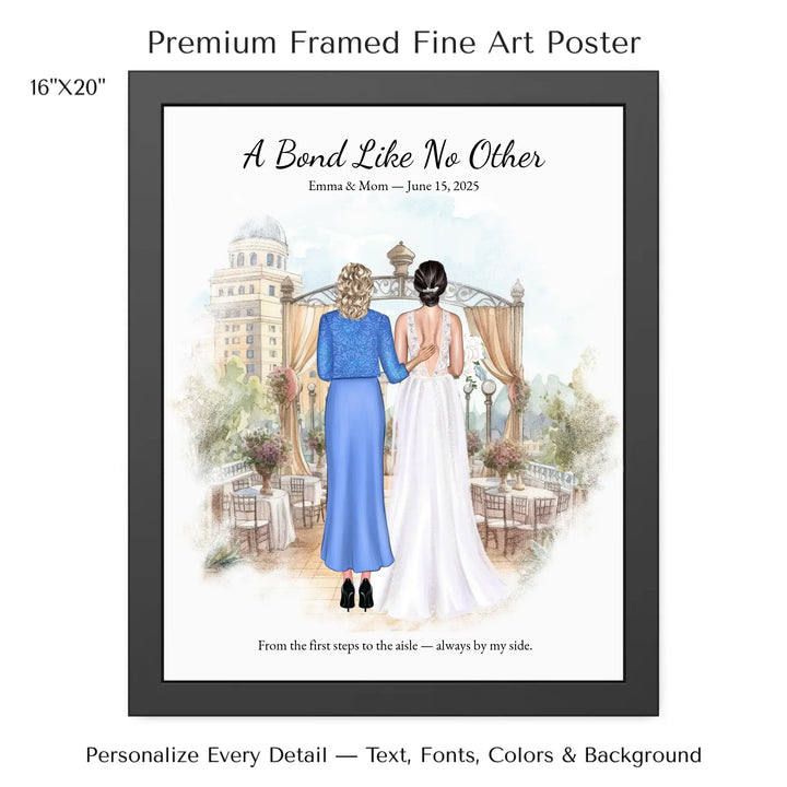 Custom wedding portrait of a bride and her mother standing together, with personalized outfits, hairstyles, and watercolor background - 16x20 framed poster-ARTFULANE
