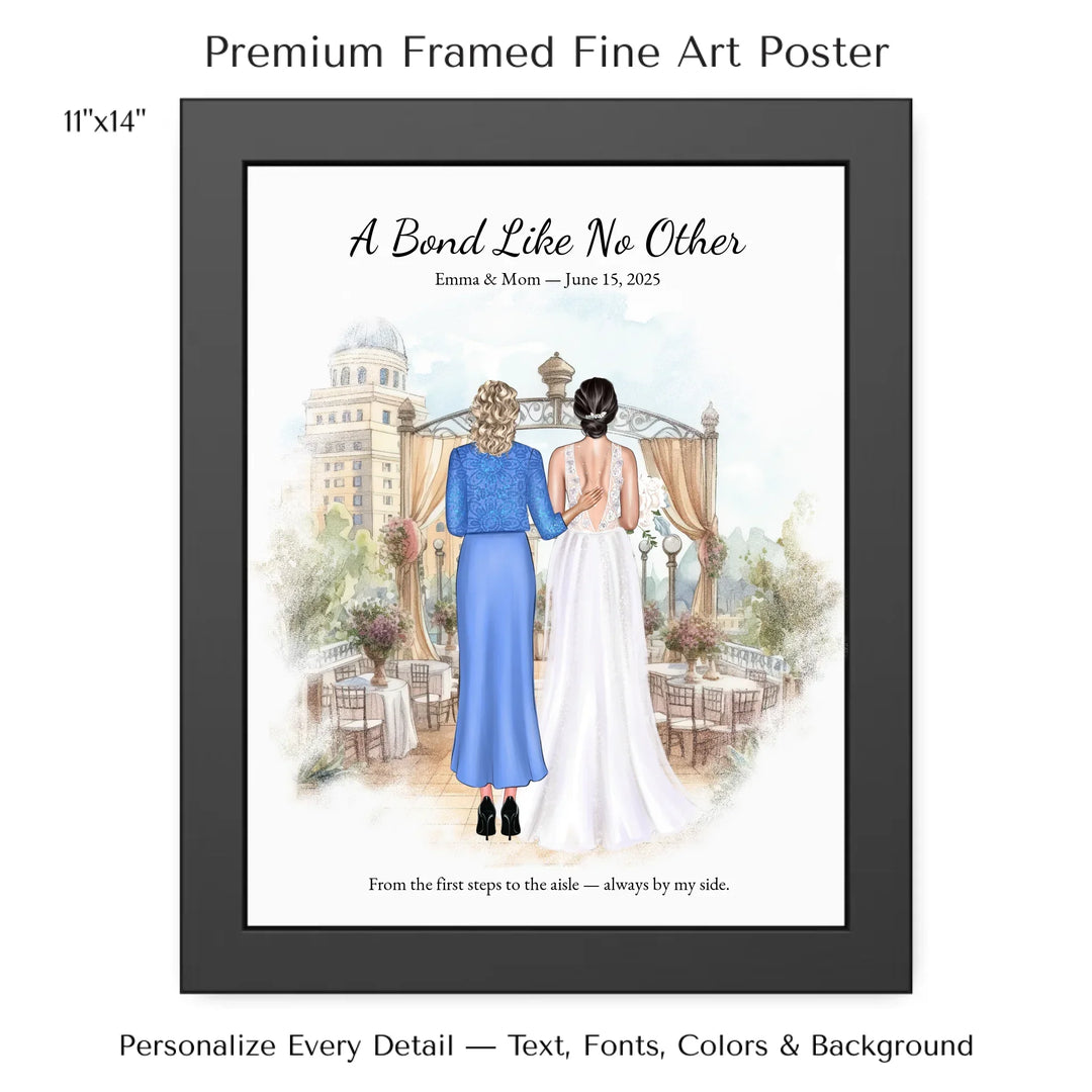 Custom wedding portrait of a bride and her mother standing together, with personalized outfits, hairstyles, and watercolor background - 11x14 framed poster-ARTFULANE