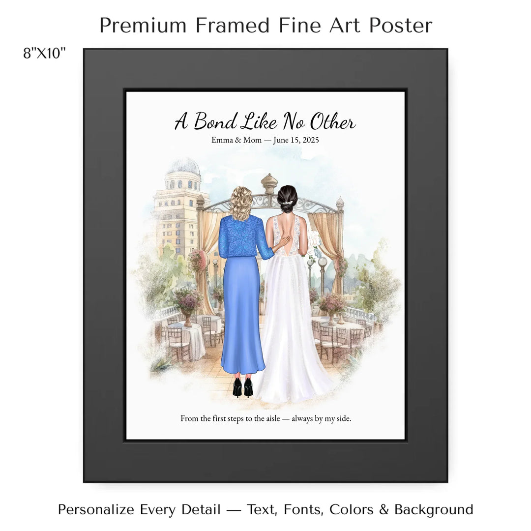 Custom wedding portrait of a bride and her mother standing together, with personalized outfits, hairstyles, and watercolor background - 8x10 framed poster-ARTFULANE