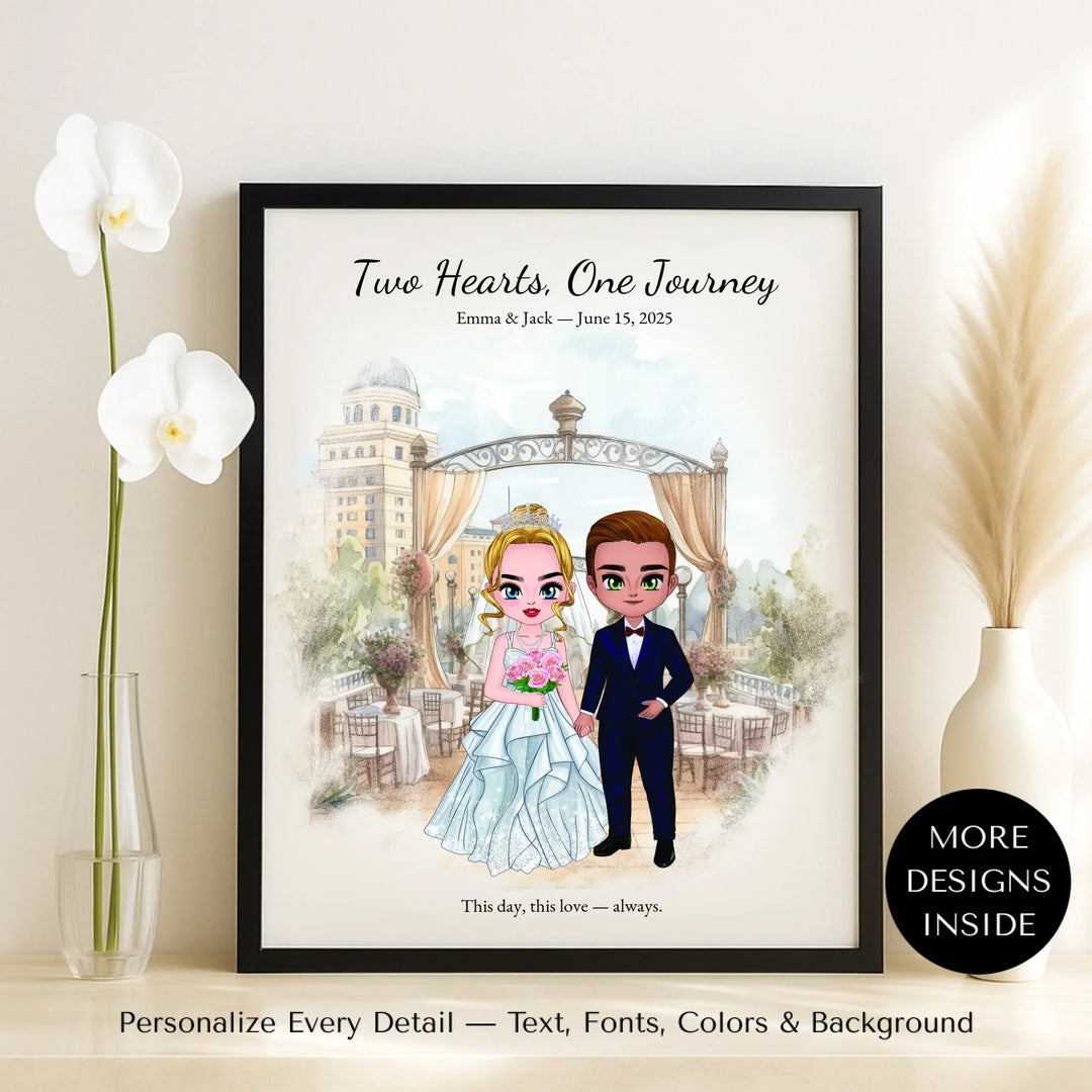 Illustrated custom wedding portrait featuring a bride and groom with personalized outfits, skin tone, and background. Custom names and wedding date - framed canvas on table-ARTFULANE