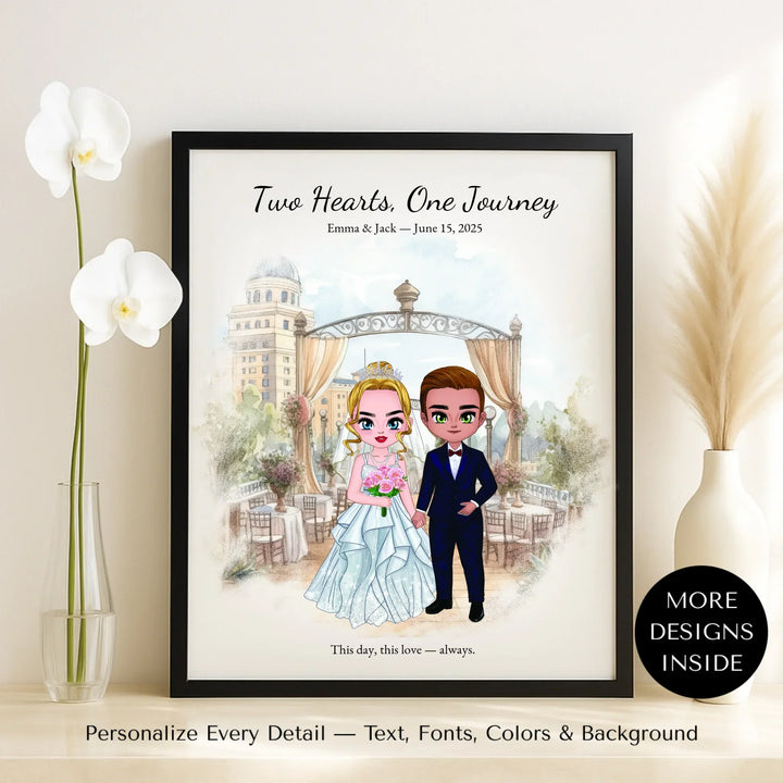Illustrated custom wedding portrait featuring a bride and groom with personalized outfits, skin tone, and background. Custom names and wedding date - framed canvas on table-ARTFULANE