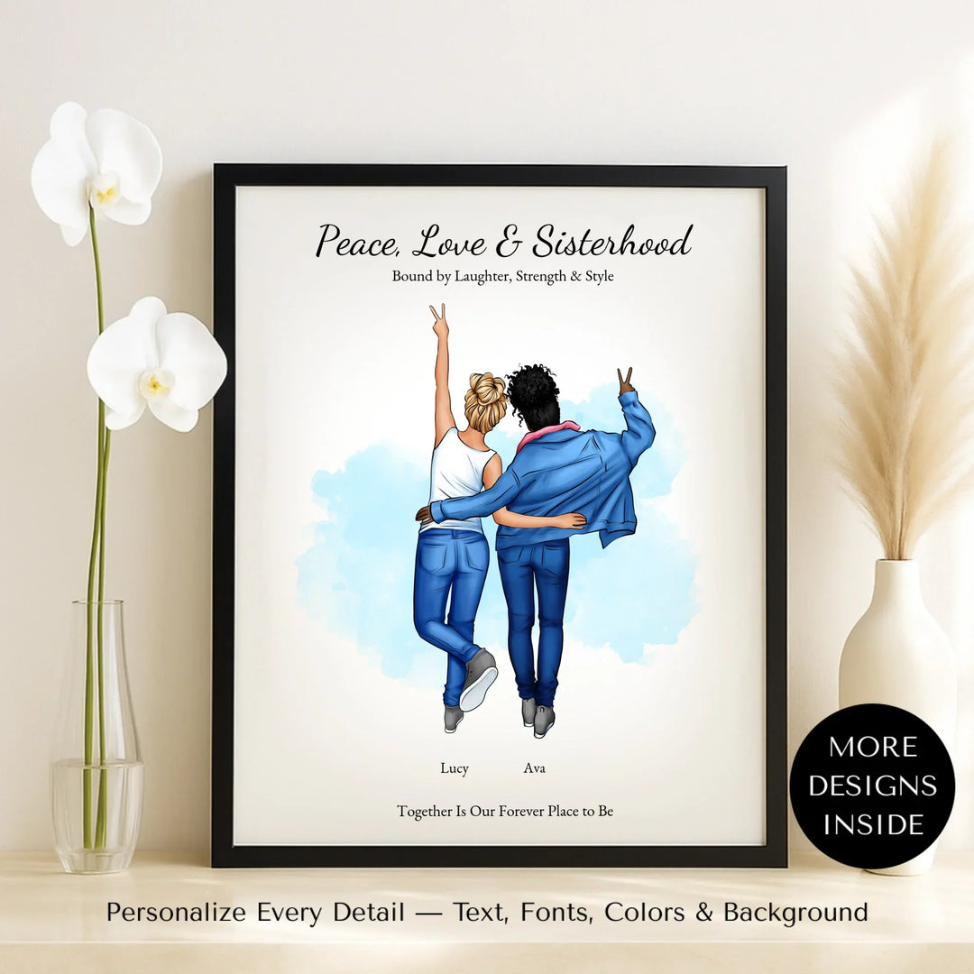 Personalized wall art of 2 best friends from behind, wearing denim and making peace signs – custom portrait illustration - framed canvas on table-ARTFULANE
