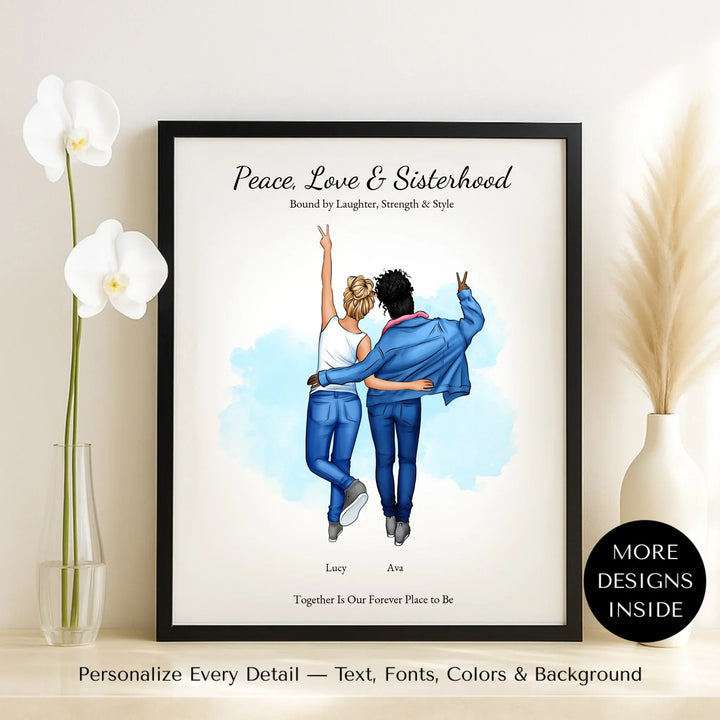 Personalized wall art of 2 best friends from behind, wearing denim and making peace signs – custom portrait illustration - framed canvas on table-ARTFULANE