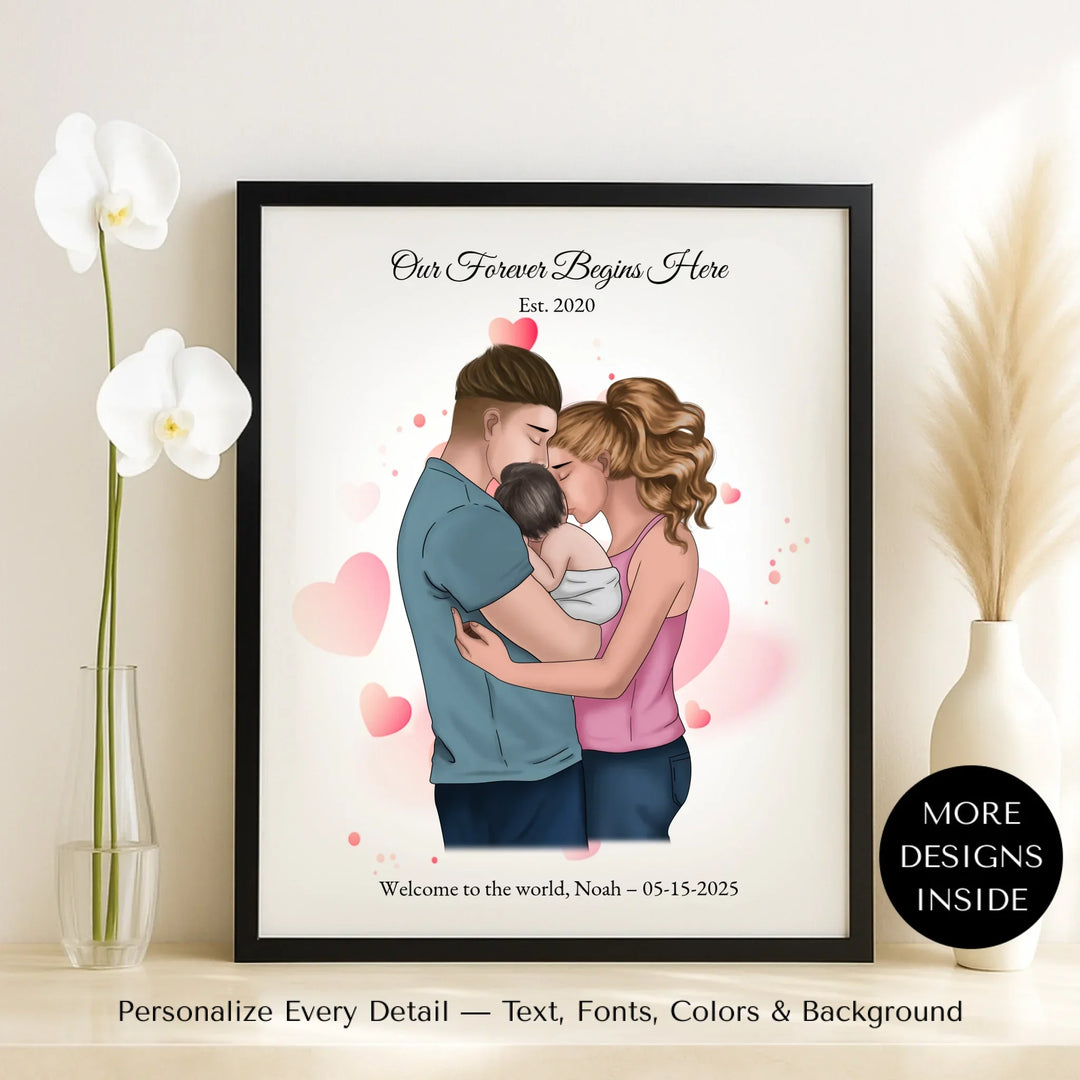 Illustrated custom family portrait wall art with couple holding baby, watercolor background, and personalized text including names, date, and quote -framed canvas on table-ARTFULANE